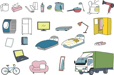 引越し荷物と運送トラック　セット　イラスト素材
