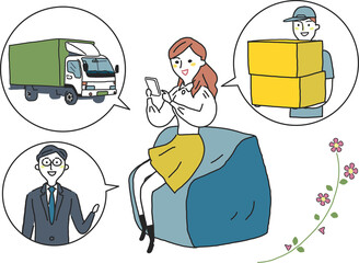 宅配または引越し業者をスマートフォンで調べる女性　セット　イラスト素材
