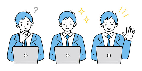 パソコンの前で仕事をする男性のイラスト　ビジネスシーン　ベクター素材