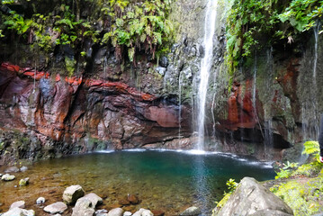 Madeira island beautiful waterfall and mountain landscape, national park Ribeiro Frio, Portugal
