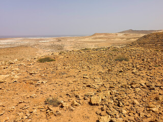 Bright lava rocks on Boa Vista Island, Cape Verde. Volcanic hills in the distance, dry arid climate, sandy terrain. Selective focus on the details, blurred background. © juste.dcv
