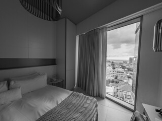 Isolated view of a hotel suite overlooking Tel-Aviv Street View in Black and white