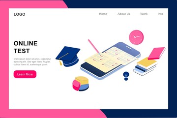 3D isometric landing page template of online examination on smartphone. Online test, opinion checklist, online education, questionnaire form, survey metaphor, answering internet quiz, homework testing - obrazy, fototapety, plakaty
