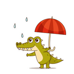 Crocodile walks under an umbrella in the rain. Vector illustration for designs, prints and patterns.