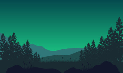 Realistic view of mountains at night from outside the city with silhouettes of pine trees around
