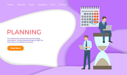 Planning, professional analysis, financial and strategic assumptions, work with transactions. Businessman analyzing, sitting on hourglass, works with laptop. Website or webpage, landing page in flat