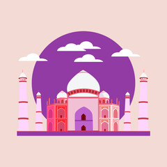 Building of Taj Mahal is a palace in Agra, India. Wonders of the World. Vector colorful illustration.