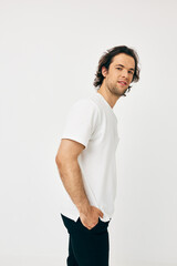 Cheerful man in white t-shirt fashion cropped view isolated background