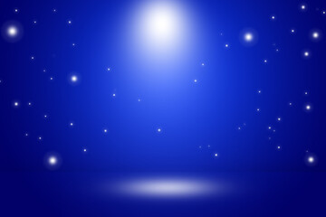 Product showcase or display with spotlight. Blue studio room background with a white spotlight and particles. 