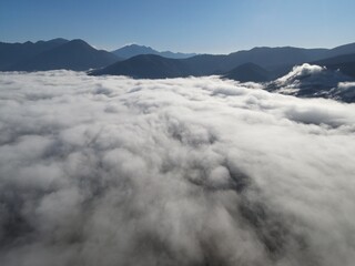 defauAerial View Massive Clouds Of Fog Above The valley Of Koritiani Village In thesprotia, Epirus, Greecelt
