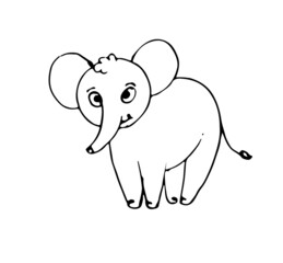 Cheerful cartoon elephant. Funny cute animal. Outline sketch. Hand drawing is isolated on a white background. Vector