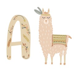 Cute Animals alphabet for kids education. Alphabet letter A. Alpaka animal. Funny hand drawn style characters. Vector illustration.