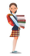 Pretty little girl student. Cheerful schoolgirl in plaid skirt. Standing pose. Cartoon flat design in comic style. Single character. Illustration isolated on white background. Vector