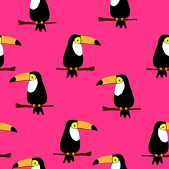 A simple pattern of birds. Pink background, beautiful toucans birds on a branch. The print is well suited for textiles, Wallpaper and packaging.