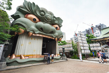 Japan - July 19, 2019 :Lion head shape stage in the Namba Yasaka Shrine is landmark and destination of Tourists in Namba Area of Osaka, Japan