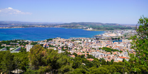 Fototapeta na wymiar Sete city bay sea in France from Mont Saint Clair panoramic view Mediterranean south french coast