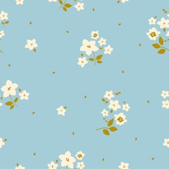 Seamless vintage pattern. White flowers, golden leaves on a light blue background. vector texture. trendy print for textiles, wallpaper and packaging.
