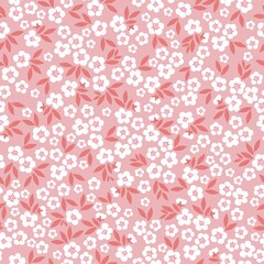 Seamless vintage pattern. White flowers, red leaves on a pink background. vector texture. trendy print for textiles, wallpaper and packaging.