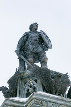 Iron warrior statue in winter in russia 