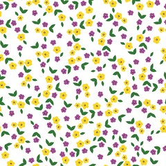 Seamless vintage pattern. Small yellow and lilac flowers, green leaves on a white background. vector texture. trendy print for textiles, wallpaper and packaging.