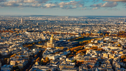 Paris view from above during a spectacular autumn sunset evening from Montparnasse Tower to Tour Eiffel - amazing color skyline