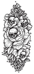 Tattoo art skull and flower hand drawing and sketch black and white
