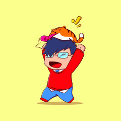 cute boy cartoon using glasses with a tiger on head blow the party trumpet