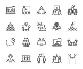Vector set of meeting line icons. Contains icons video conference, seminar, teamwork, online meeting, webinar, leader, partnership, international meeting, conference and more. Pixel perfect.