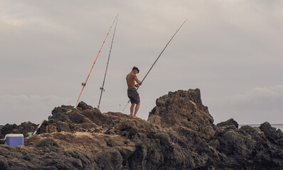 Life Style scene taken from Makena beach, local people fishing, Maui, Hawai 2022, january. 