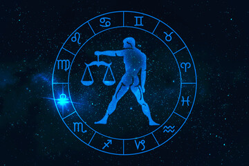 Libra horoscope sign in twelve zodiac with galaxy stars background