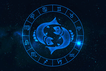 pisces horoscope sign in twelve zodiac with galaxy stars background - obrazy, fototapety, plakaty