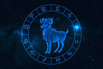 aries horoscope sign in twelve zodiac with galaxy stars background