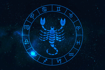 scorpio horoscope sign in twelve zodiac with galaxy stars background