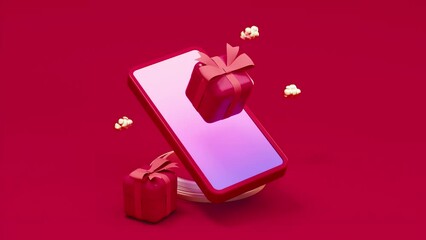 Loop animation of mobile phone and gifts, 3d rendering.