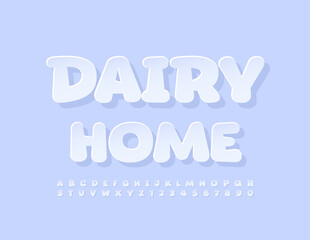 Fototapeta premium Vector creative concept Dairy Home with funny paper Font. White sticker Alphabet Letters and Numbers set
