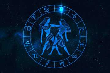 Gemini horoscope sign in twelve zodiac with galaxy stars background