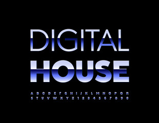 Vector futuristic concept Digital House. Shiny metallic Font. Glossy Alphabet Letters and Numbers set