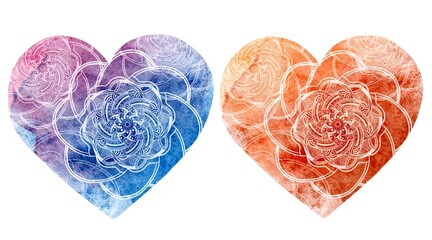 Set of abstract mandala graphic design decorative elements isolated on watercolor background for abstract concepts, mandala heart shape for valentine concepts
