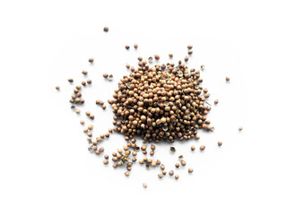 Top view of coriander seed on white background. Soft and selective focus, Asian ingredients concept.