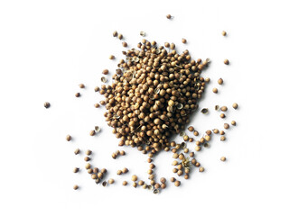 Top view of coriander seed on white background. Soft and selective focus, Asian ingredients concept.