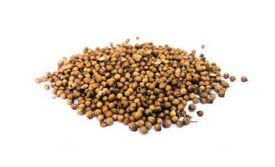 Top view of coriander seed on white background. Soft and selective focus, Asian ingredients concept.