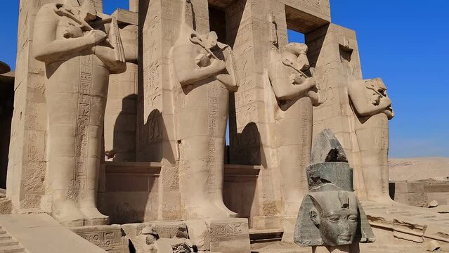 The Ramesseum is the memorial temple or mortuary temple of Pharaoh Ramesses II. It is located in the Theban necropolis in Upper Egypt, across the River Nile from the modern city of Luxor. Egypt.