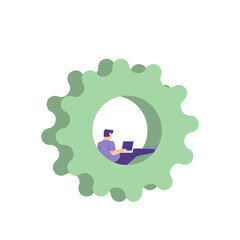 illustration of people working using laptop and sitting on gear. the concept of progress, improvement, system maintenance. flat cartoon style. vector design