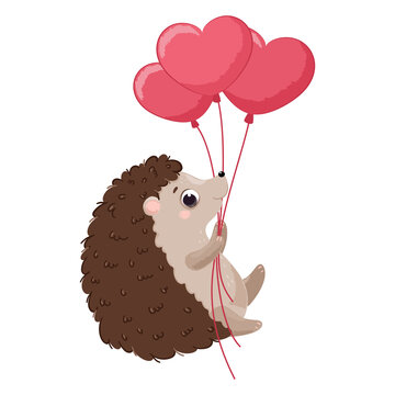 Cute hedgehog flying balloons, Valentine's Day. Vector illustration of a cartoon.
