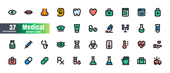 24x24 Pixel Perfect. Basic Medical Healthcare Essential Set. Filled Color Outline Color Icons. For App, Web, Print. Round Cap and Round Corner. Ready to use and Easy to Customize. . Editable Stroke.