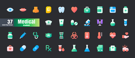 24x24 Pixel Perfect. Basic Medical Healthcare Essential Set. Flat Gradient Color Icons. For App, Web, Print. Round Cap and Round Corner. Ready to use and Easy to Customize.