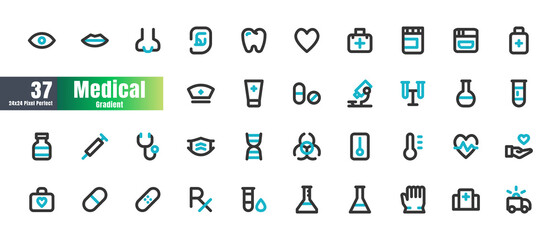 24x24 Pixel Perfect. Basic Medical Healthcare Essential Set. Bicolor Line Outline Color Icons. For App, Web, Print. Round Cap and Round Corner. Ready to use and Easy to Customize. . Editable Stroke.