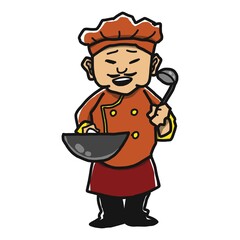 中華料理の料理人のイラスト。手には鉄鍋を持っています。
