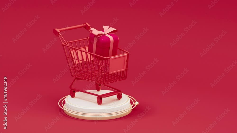 Poster loop animation of shopping cart and gifts, 3d rendering.