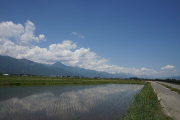 安曇野の水田と水鏡